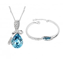 Platinum plated sky blue CZ diamonds ribbon drop pendant with earrings